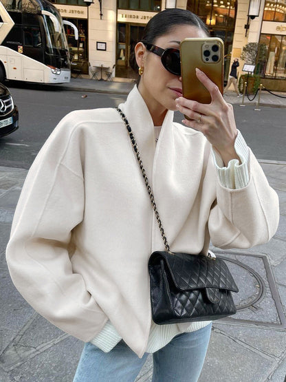 Stand Collar Women's Short Coat - Cream Oversized Fit Jacket - Minimalist Spring Street Casual Outfits 2026