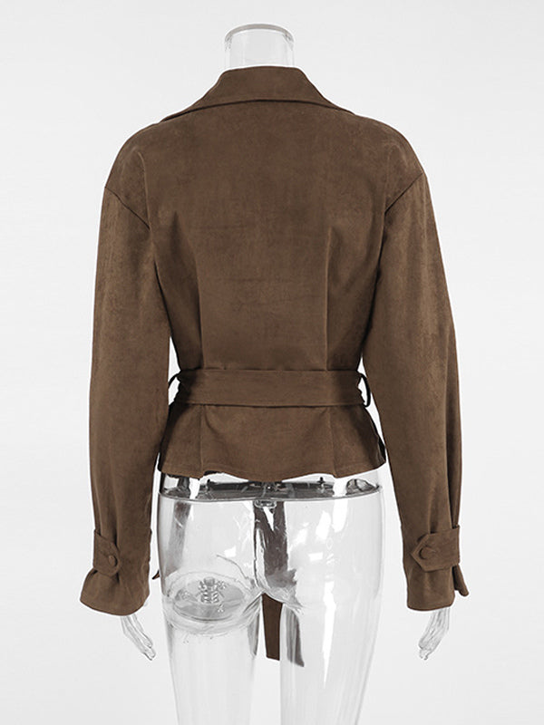Brown Suede Women's Cropped Blazer - Retro Lapel Belted Waist Regular Fit Jacket - Vintage Spring Daily Outfits 2026