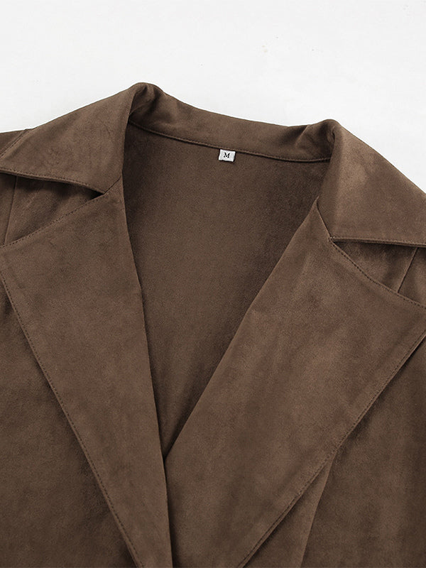 Brown Suede Women's Cropped Blazer - Retro Lapel Belted Waist Regular Fit Jacket - Vintage Spring Daily Outfits 2026