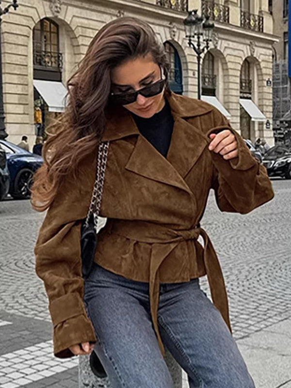 Brown Suede Women's Cropped Blazer - Retro Lapel Belted Waist Regular Fit Jacket - Vintage Spring Daily Outfits 2026