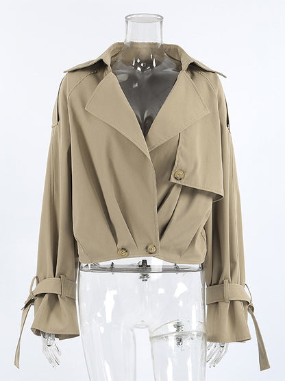 Cropped Khaki Women’s Trench Jacket - Lantern Sleeve Lapel Short Windbreaker - Casual Streetwear Spring Outerwear 2026