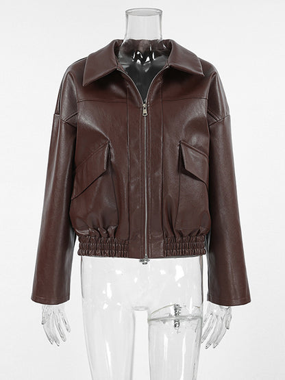 Faux Leather Women's Biker Jacket - Retro Oversized Lapel Collar Moto Coat - Vintage Zip Up Streetwear Spring Outfits 2026