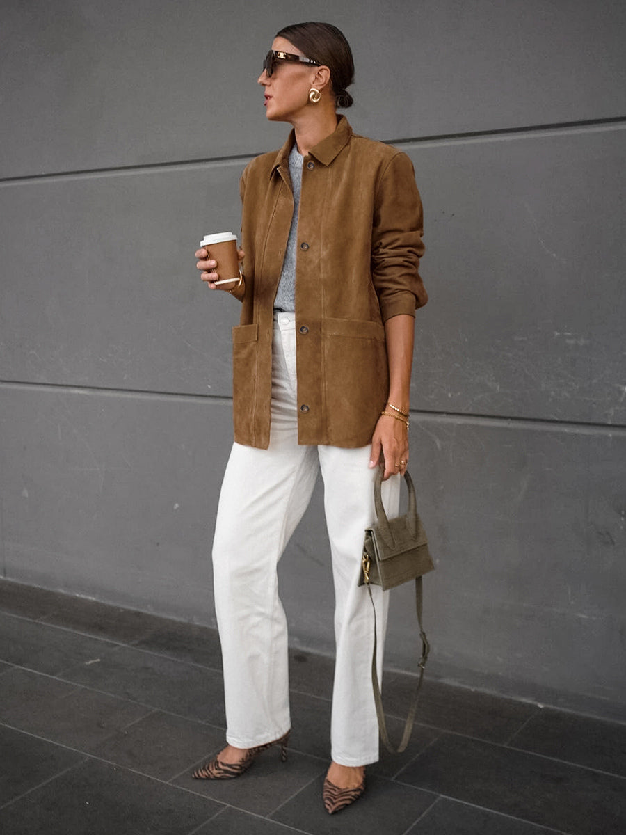 Faux Suede Tan Women's Shirt Jacket - Retro Utility Cargo Pocket Oversized Top - Casual Spring Streetwear 2026