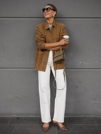 Faux Suede Tan Women's Shirt Jacket - Retro Utility Cargo Pocket Oversized Top - Casual Spring Streetwear 2026