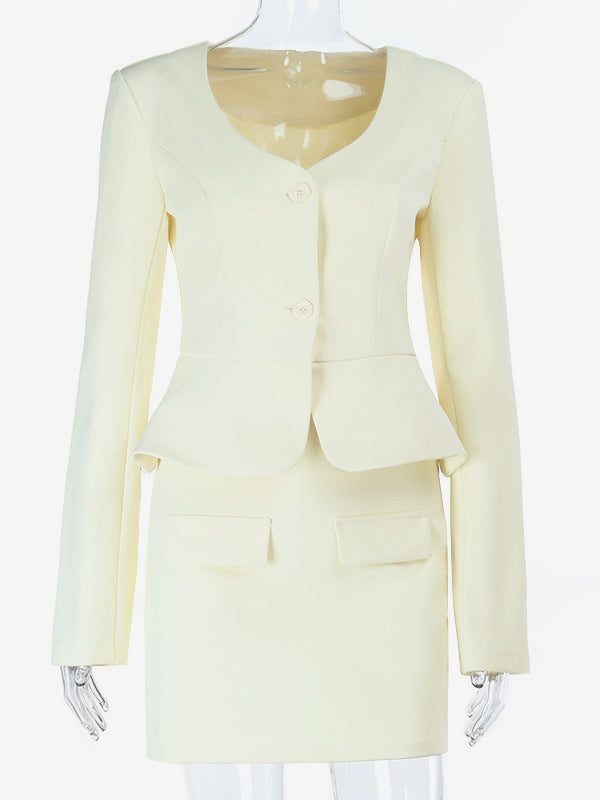 Elegant Women's Skirt Suit Set - Peplum Blazer & Mini Skirt 2 Piece - Old Money Style Spring Business Wear 2026