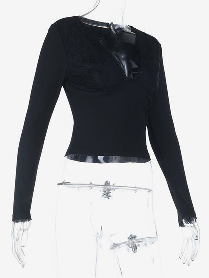 Deep V Neck Women's Lace Trim Top - Black Sexy Slim Fit Blouse - Gothic Style Spring Clubwear 2026