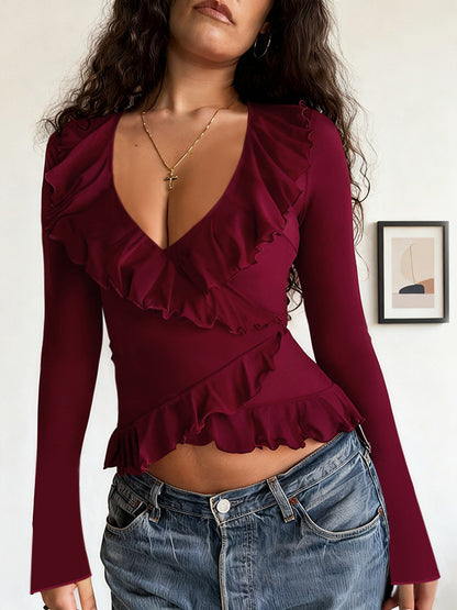 Romantic Ruffle Women's Wrap Top - V Neck Long Sleeve - Coquette Aesthetic Spring Date Night Wear 2026