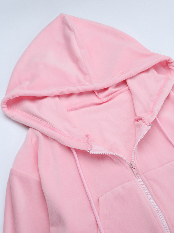 Pink Women's 2 Piece Tracksuit - Trendy Zip Up Cropped Hoodie & Straight Pants - Y2K Velour Style Spring Loungewear 2026