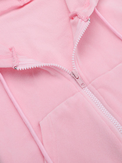 Pink Women's 2 Piece Tracksuit - Trendy Zip Up Cropped Hoodie & Straight Pants - Y2K Velour Style Spring Loungewear 2026