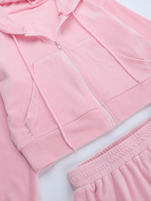 Pink Women's 2 Piece Tracksuit - Trendy Zip Up Cropped Hoodie & Straight Pants - Y2K Velour Style Spring Loungewear 2026