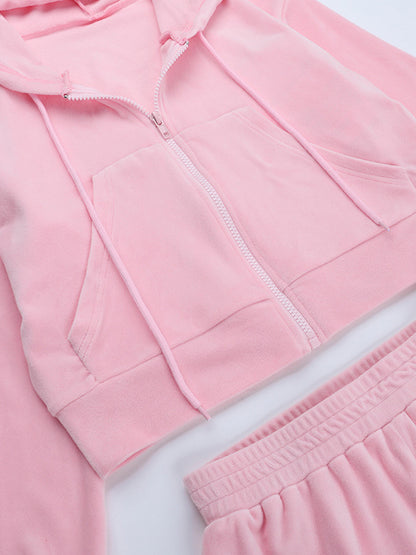 Pink Women's 2 Piece Tracksuit - Trendy Zip Up Cropped Hoodie & Straight Pants - Y2K Velour Style Spring Loungewear 2026