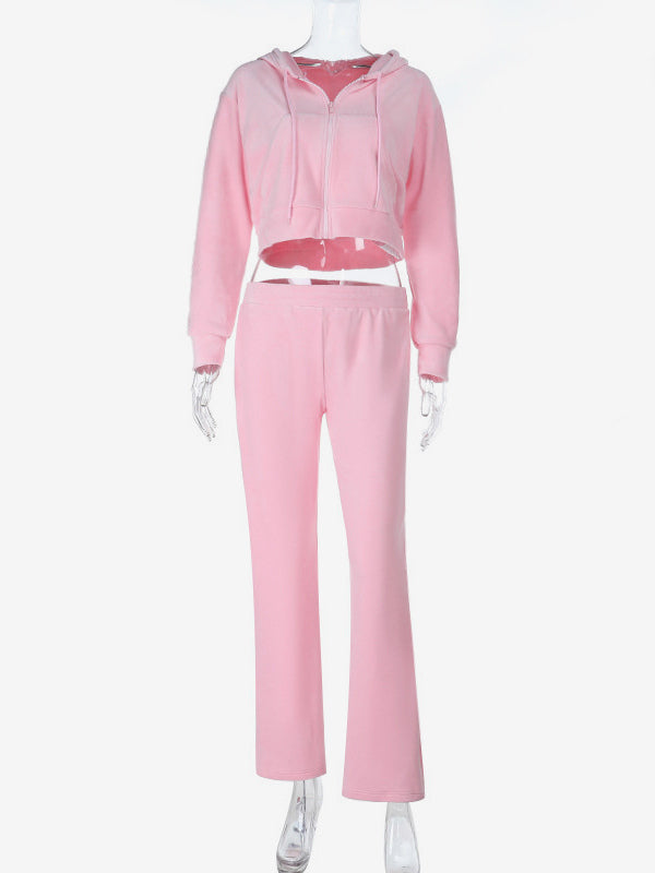Pink Women's 2 Piece Tracksuit - Trendy Zip Up Cropped Hoodie & Straight Pants - Y2K Velour Style Spring Loungewear 2026