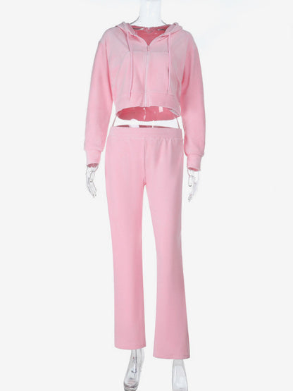 Pink Women's 2 Piece Tracksuit - Trendy Zip Up Cropped Hoodie & Straight Pants - Y2K Velour Style Spring Loungewear 2026
