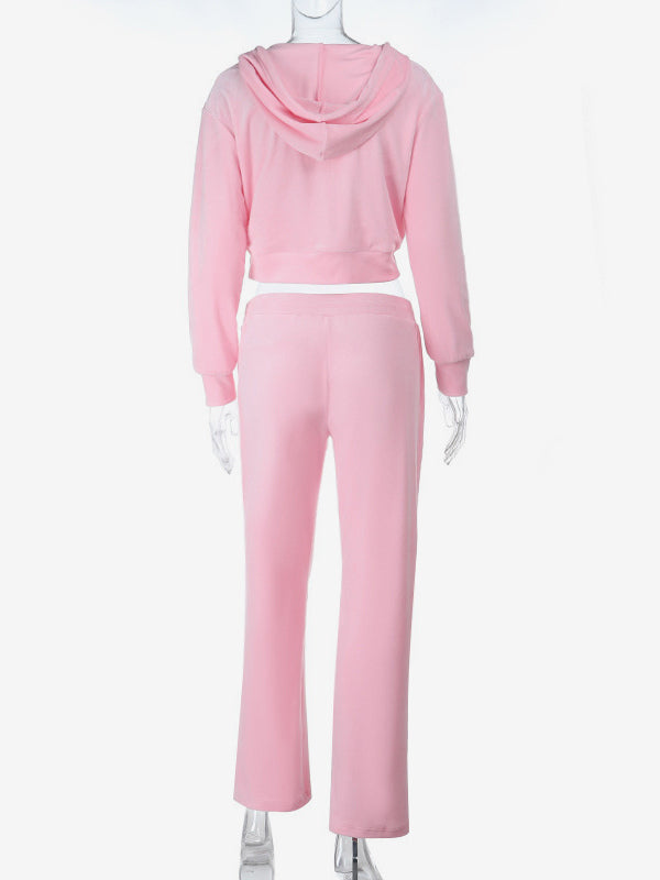 Pink Women's 2 Piece Tracksuit - Trendy Zip Up Cropped Hoodie & Straight Pants - Y2K Velour Style Spring Loungewear 2026
