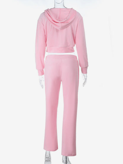 Pink Women's 2 Piece Tracksuit - Trendy Zip Up Cropped Hoodie & Straight Pants - Y2K Velour Style Spring Loungewear 2026