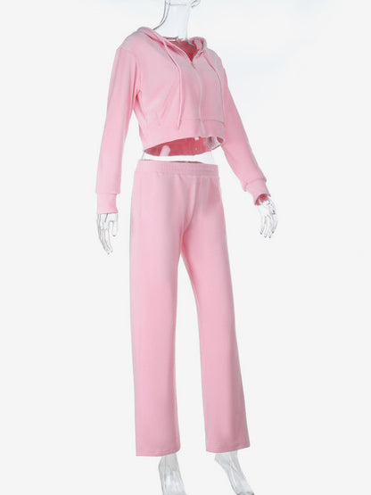 Pink Women's 2 Piece Tracksuit - Trendy Zip Up Cropped Hoodie & Straight Pants - Y2K Velour Style Spring Loungewear 2026