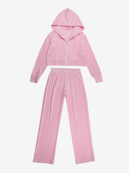 Pink Women's 2 Piece Tracksuit - Trendy Zip Up Cropped Hoodie & Straight Pants - Y2K Velour Style Spring Loungewear 2026