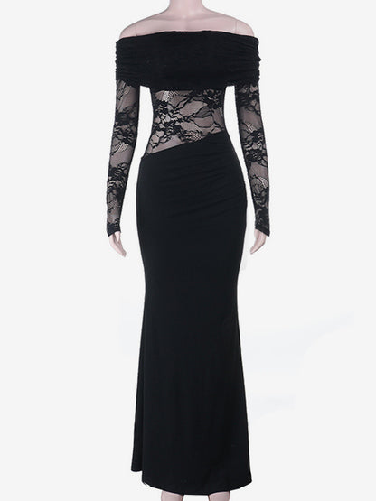 Off Shoulder Lace Patchwork Maxi Dress For Women - Black Gothic Sheer Sleeve Bodycon Gown - Spring Gala Party Outfits 2026