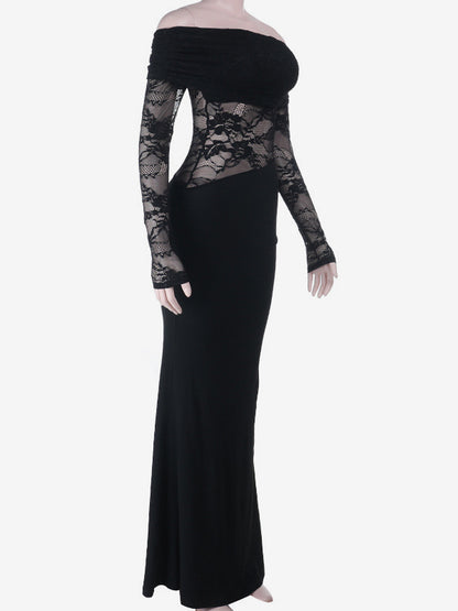 Off Shoulder Lace Patchwork Maxi Dress For Women - Black Gothic Sheer Sleeve Bodycon Gown - Spring Gala Party Outfits 2026