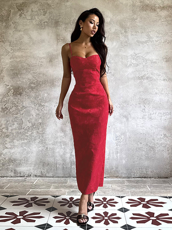 Red Floral Jacquard Maxi Dress For Women - Romantic Slim Fit Cami Dress - Summer Date Night Outfits 2026