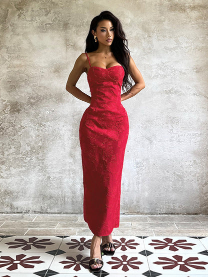 Red Floral Jacquard Maxi Dress For Women - Romantic Slim Fit Cami Dress - Summer Date Night Outfits 2026