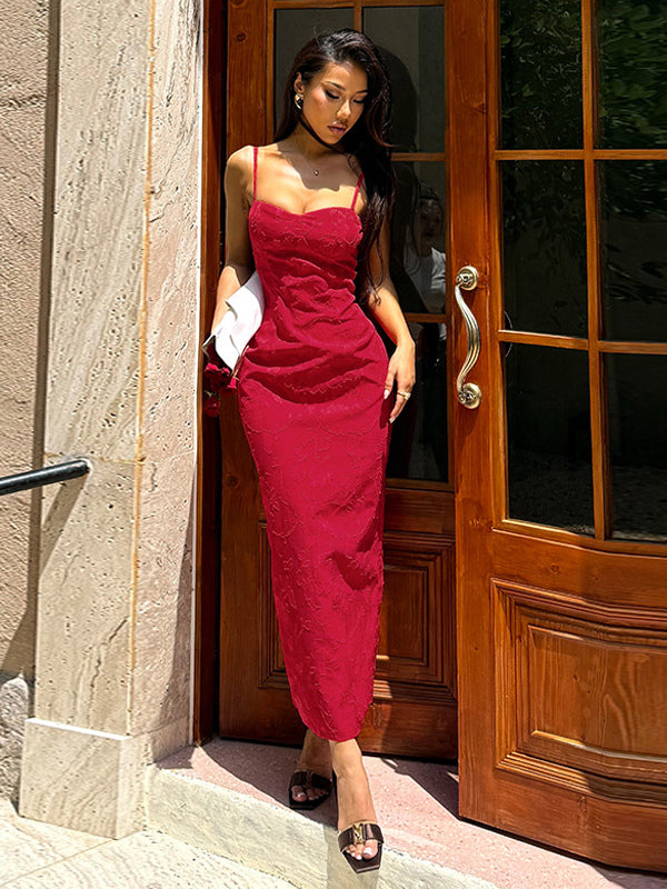 Red Floral Jacquard Maxi Dress For Women - Romantic Slim Fit Cami Dress - Summer Date Night Outfits 2026