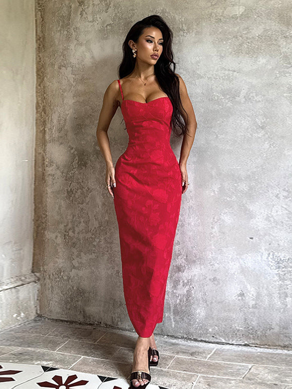 Red Floral Jacquard Maxi Dress For Women - Romantic Slim Fit Cami Dress - Summer Date Night Outfits 2026