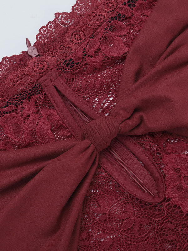 Off Shoulder Lace Patchwork Maxi Dress For Women - Wine Red Long Sleeve Slit Bodycon Gown - Spring Evening Party 2026