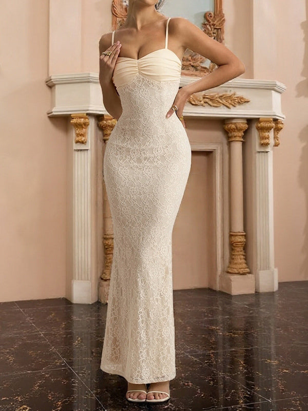 Aesthetic Lace Maxi Dress For Women - Apricot Ruched Bodycon Gown - Summer Wedding Guest Party Wear 2026