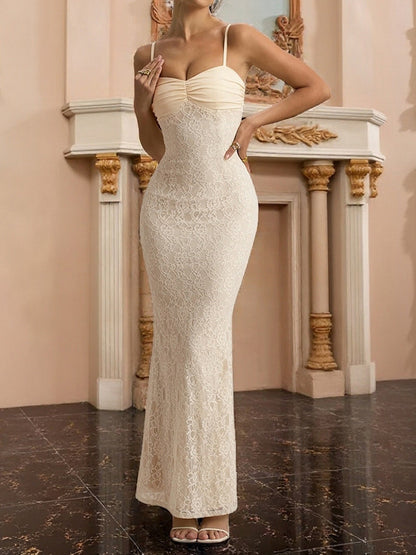 Aesthetic Lace Maxi Dress For Women - Apricot Ruched Bodycon Gown - Summer Wedding Guest Party Wear 2026