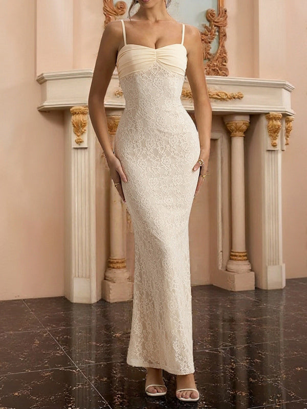 Aesthetic Lace Maxi Dress For Women - Apricot Ruched Bodycon Gown - Summer Wedding Guest Party Wear 2026
