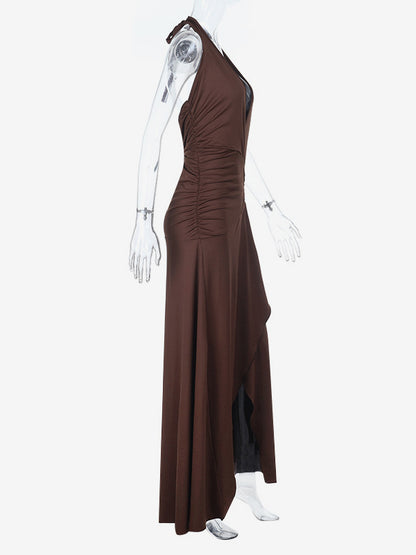 Halter Deep V Neck Maxi Dress For Women - Brown Slinky Ruched Backless Bodycon Gown - Summer Evening Party 2026