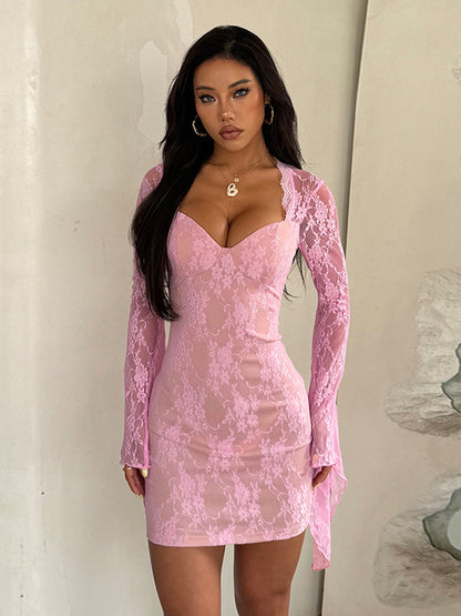Fairycore Lace Bodycon Mini Dress For Women - Pink Bell Sleeve Slim Fit - Spring Romantic Date Night 2026