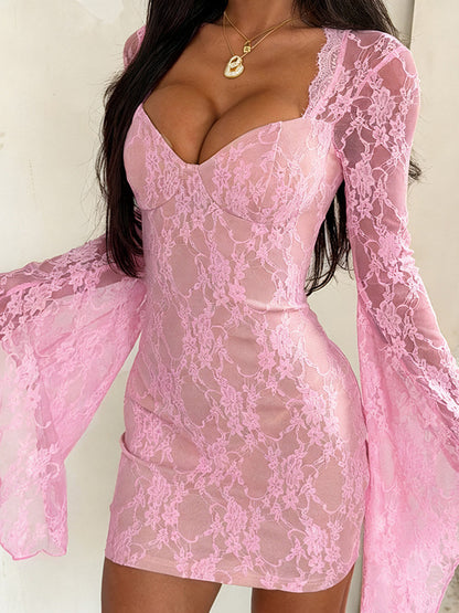 Fairycore Lace Bodycon Mini Dress For Women - Pink Bell Sleeve Slim Fit - Spring Romantic Date Night 2026