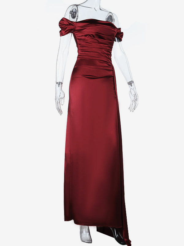 Off Shoulder Satin Maxi Dress For Women - Wine Red Elegant High Slit Ruched Gown - Spring Wedding Guest Party Wear 2026