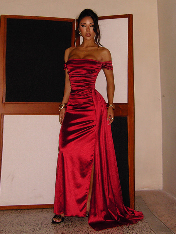 Off Shoulder Satin Maxi Dress For Women - Wine Red Elegant High Slit Ruched Gown - Spring Wedding Guest Party Wear 2026