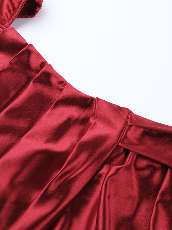 Off Shoulder Satin Maxi Dress For Women - Wine Red Elegant High Slit Ruched Gown - Spring Wedding Guest Party Wear 2026