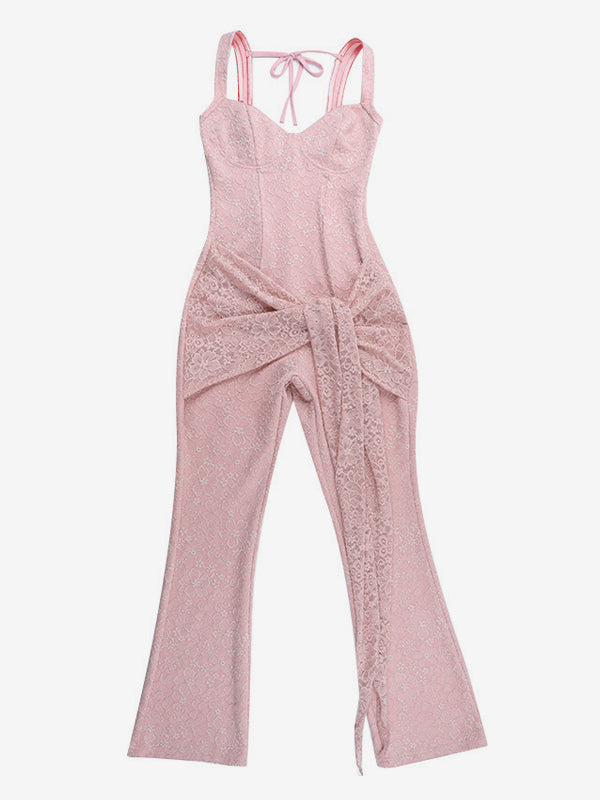 Pink Fairycore Lace Jumpsuit For Women - Tie Front Flare Leg Romper - Summer Romantic Date Night Party Wear 2026