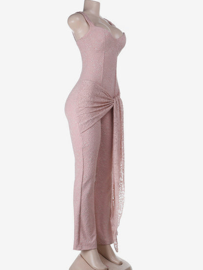 Pink Fairycore Lace Jumpsuit For Women - Tie Front Flare Leg Romper - Summer Romantic Date Night Party Wear 2026
