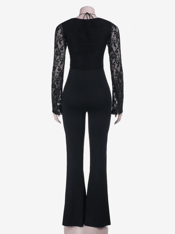 Lace Up Flare Jumpsuit For Women - Black Gothic Floral Lace Long Sleeve Bodycon Romper - Spring Party Clubwear 2026