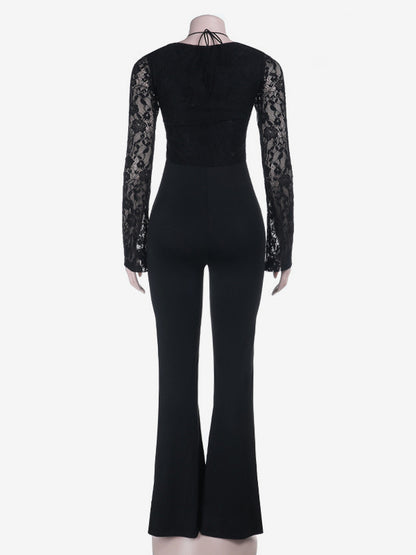 Lace Up Flare Jumpsuit For Women - Black Gothic Floral Lace Long Sleeve Bodycon Romper - Spring Party Clubwear 2026
