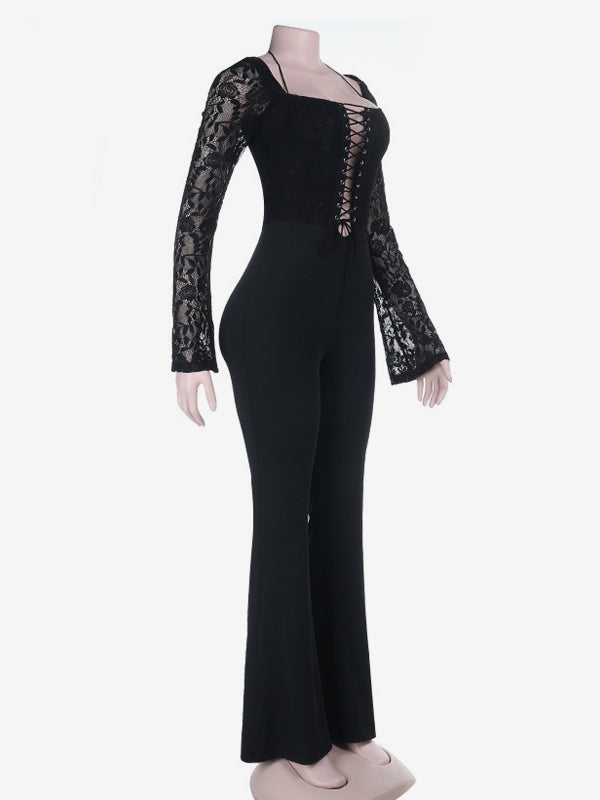 Lace Up Flare Jumpsuit For Women - Black Gothic Floral Lace Long Sleeve Bodycon Romper - Spring Party Clubwear 2026
