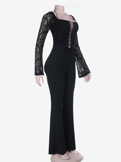 Lace Up Flare Jumpsuit For Women - Black Gothic Floral Lace Long Sleeve Bodycon Romper - Spring Party Clubwear 2026