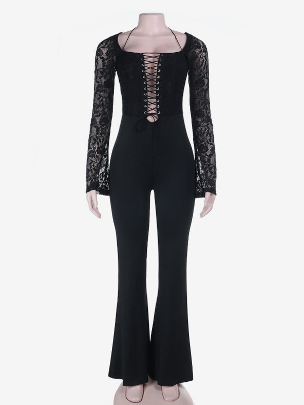 Lace Up Flare Jumpsuit For Women - Black Gothic Floral Lace Long Sleeve Bodycon Romper - Spring Party Clubwear 2026