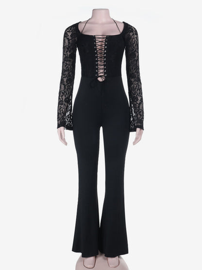 Lace Up Flare Jumpsuit For Women - Black Gothic Floral Lace Long Sleeve Bodycon Romper - Spring Party Clubwear 2026