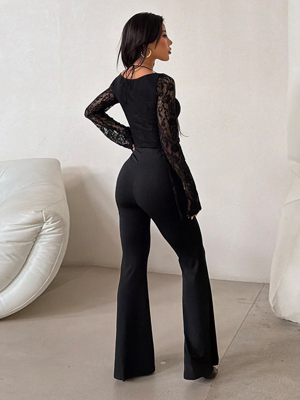 Lace Up Flare Jumpsuit For Women - Black Gothic Floral Lace Long Sleeve Bodycon Romper - Spring Party Clubwear 2026