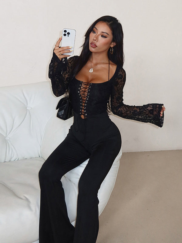 Lace Up Flare Jumpsuit For Women - Black Gothic Floral Lace Long Sleeve Bodycon Romper - Spring Party Clubwear 2026