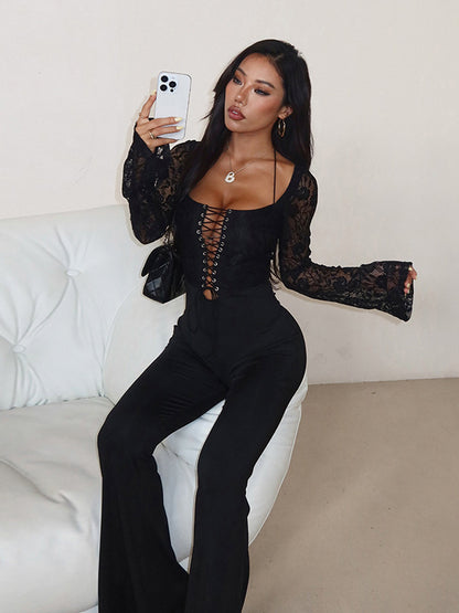 Lace Up Flare Jumpsuit For Women - Black Gothic Floral Lace Long Sleeve Bodycon Romper - Spring Party Clubwear 2026
