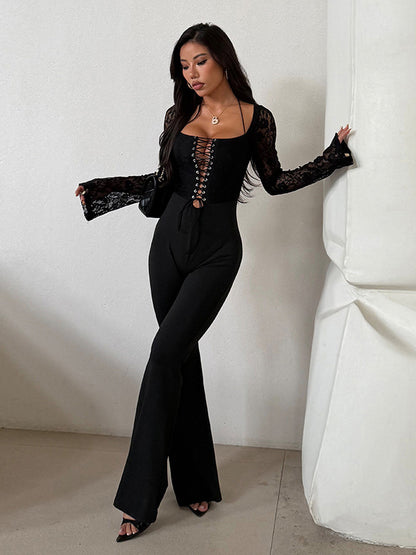 Lace Up Flare Jumpsuit For Women - Black Gothic Floral Lace Long Sleeve Bodycon Romper - Spring Party Clubwear 2026