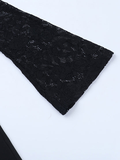 Lace Up Flare Jumpsuit For Women - Black Gothic Floral Lace Long Sleeve Bodycon Romper - Spring Party Clubwear 2026